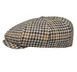 Stetson 8 Panel Newsboy Cap Houndstooth Harris Tweed Black Mustard