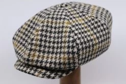 Stetson 8 Panel Newsboy Cap Houndstooth Harris Tweed Black Mustard -Hoeden Winkel 1864555287